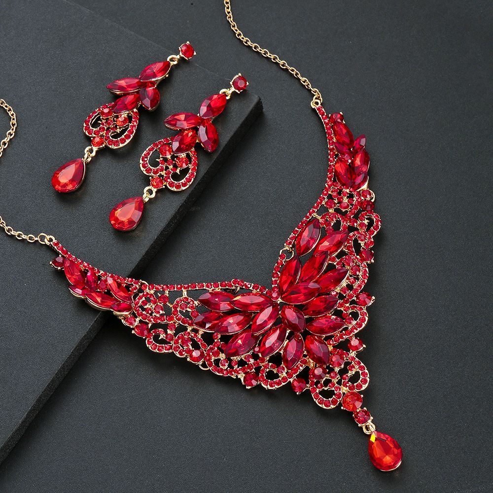New Accessories Set Fashion Red Rhinestone Necklace Earrings Ins Jewelry_ipsvogv.com