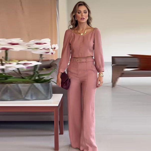 Women's Clothing summer new solid color retro square collar short top temperament commuter trousers suit_ipsvogv.com