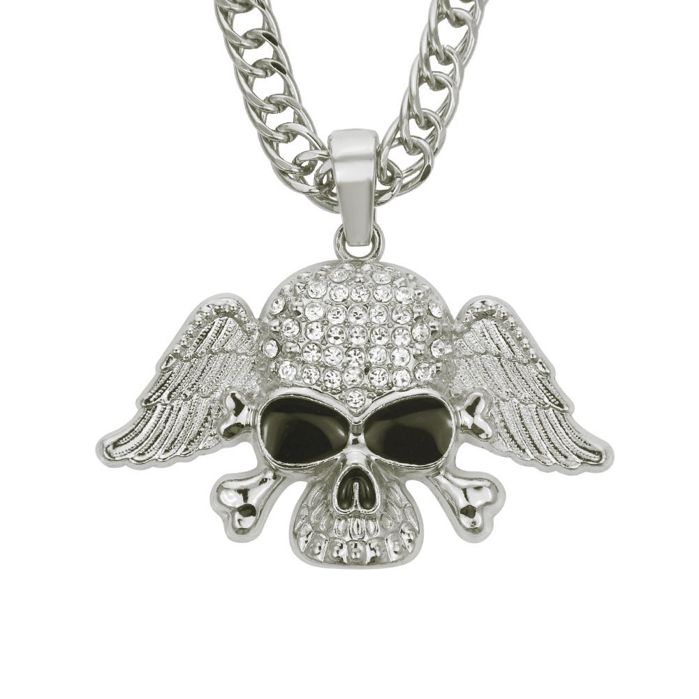 Hip Hop Exaggerated Accessories Men's Diamond-Studded Winged Skull Pendant Trendy Street Necklace_ipsvogv.com