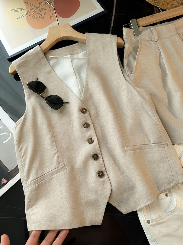 Women's Clothing Retro temperament V neck linen blended sleeveless vest vest high waist casual shorts _ipsvogv.com