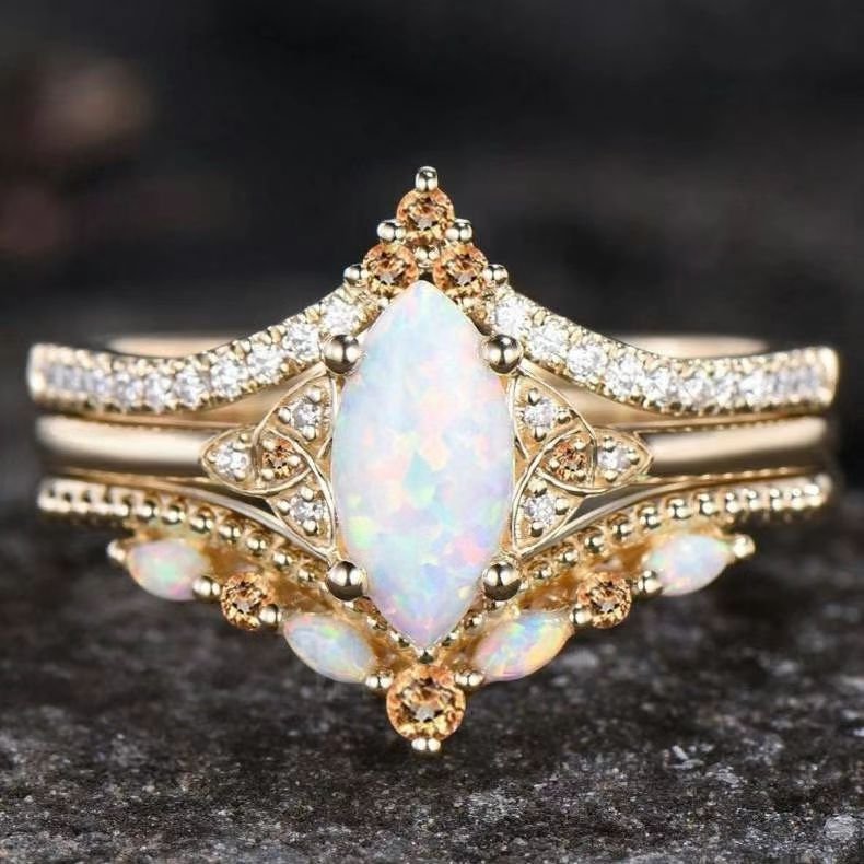 alloy Inlaid Horse Eye Australian Treasure Rose Gold Three Piece Women's Fire Color Set Ring Women_ipsvogv.com