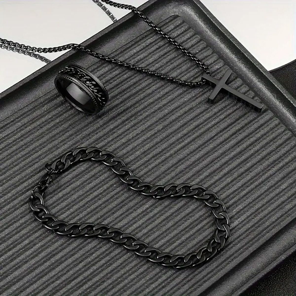 Hip hop Cuban chain cross necklace bracelet ring 3 piece set_ipsvogv.com