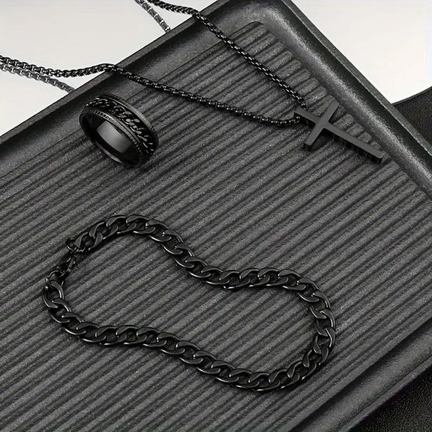 Hip hop Cuban chain cross necklace bracelet ring 3 piece set_ipsvogv.com