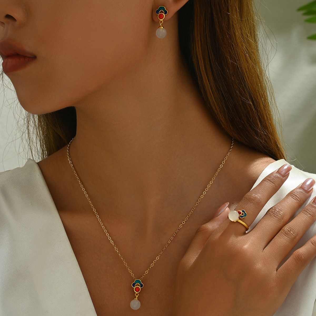 Chinese style women's earrings set, geometric auspicious cloud niche design ring, versatile necklace set_ipsvogv.com