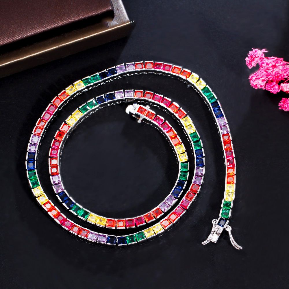 Hip Hop Single Row Diamond Rainbow Necklace 4mm Colorful T Square Zircon Tennis Chain Trendy Jewelry_ipsvogv.com