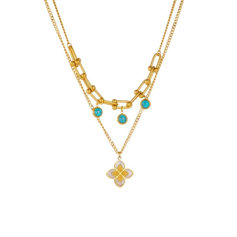 Fashion niche design Metal retro double layer wear gold-plated stainless steel turquoise four-leaf clover pendant necklace_ipsvogv.com