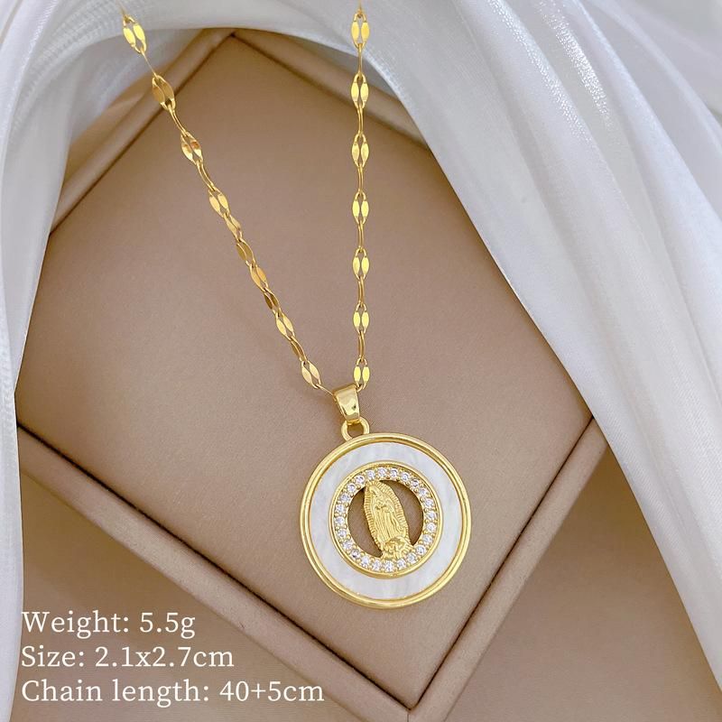 Fashion Gold Color Stainless Steel Chain Necklaces Clear Inlay Round Cross Virgin Mary Pendant Necklaces_ipsvogv.com