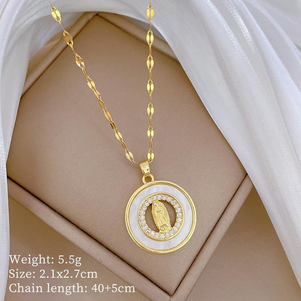 Fashion Gold Color Stainless Steel Chain Necklaces Clear Inlay Round Cross Virgin Mary Pendant Necklaces_ipsvogv.com