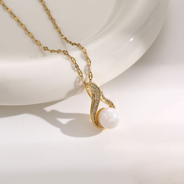 New style, sweet and slightly embellished with water droplets, pearl pendant, titanium steel necklace, women's high-end_ipsvogv.com
