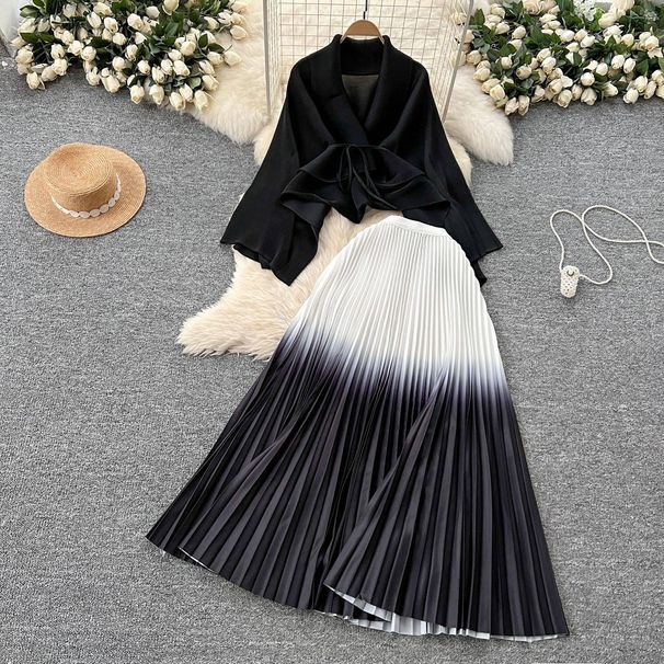 Ruffled Butterfly Sleeve Gradient Tie Cape Short Coat Top + Gradient Pleated Skirt Two-piece Suit_ipsvogv.com
