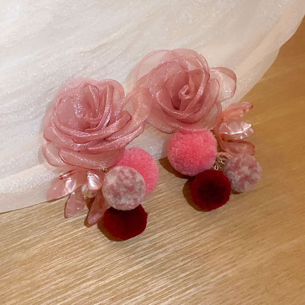Unisex Bean Paste Pink Begonia Mesh Flower Hair Ball Earrings Autumn And Winter Earrings Niche Design Gentle Temperament Earrings Earrings_ipsvogv.com