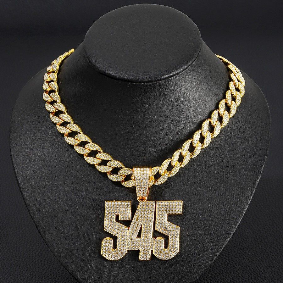 Hip Hop Overall Version Digital Cuban Chain Necklace Men's Fashion Rhinestone Number 545 Pendant Accessory_ipsvogv.com