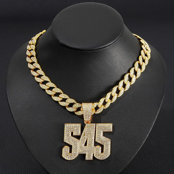 Hip Hop Overall Version Digital Cuban Chain Necklace Men's Fashion Rhinestone Number 545 Pendant Accessory_ipsvogv.com