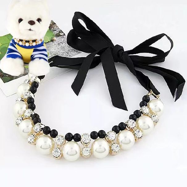 Fashion Jewelry Korean Style Pearl Inlaid Diamond Ribbon Necklace Short Women's Accessory_ipsvogv.com