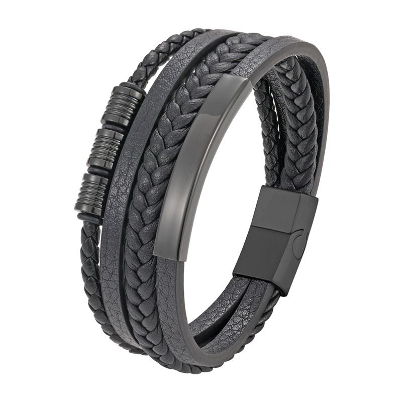 Leather Cord Stainless Steel Simple Woven Men's Multi-layer Bracelet_ipsvogv.com