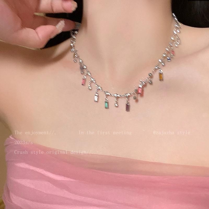 colored Summer Style~Rainbow Tassel Zircon Necklace For Women, Light Luxury, Niche Design, High-end Feel, Neck Chain, !_ipsvogv.com