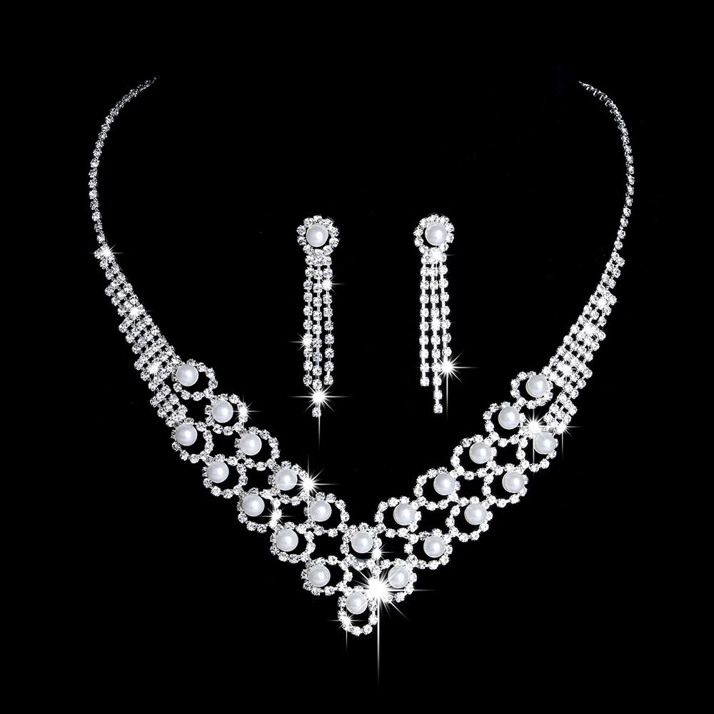 Elegant Bridal Jewelry Set - Rhinestone & Pearl Necklace & Earrings For Wedding_ipsvogv.com