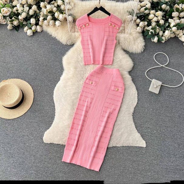 Women's Clothing sleeveless tops all match high waist skirt temperament lady style two piece suit_ipsvogv.com