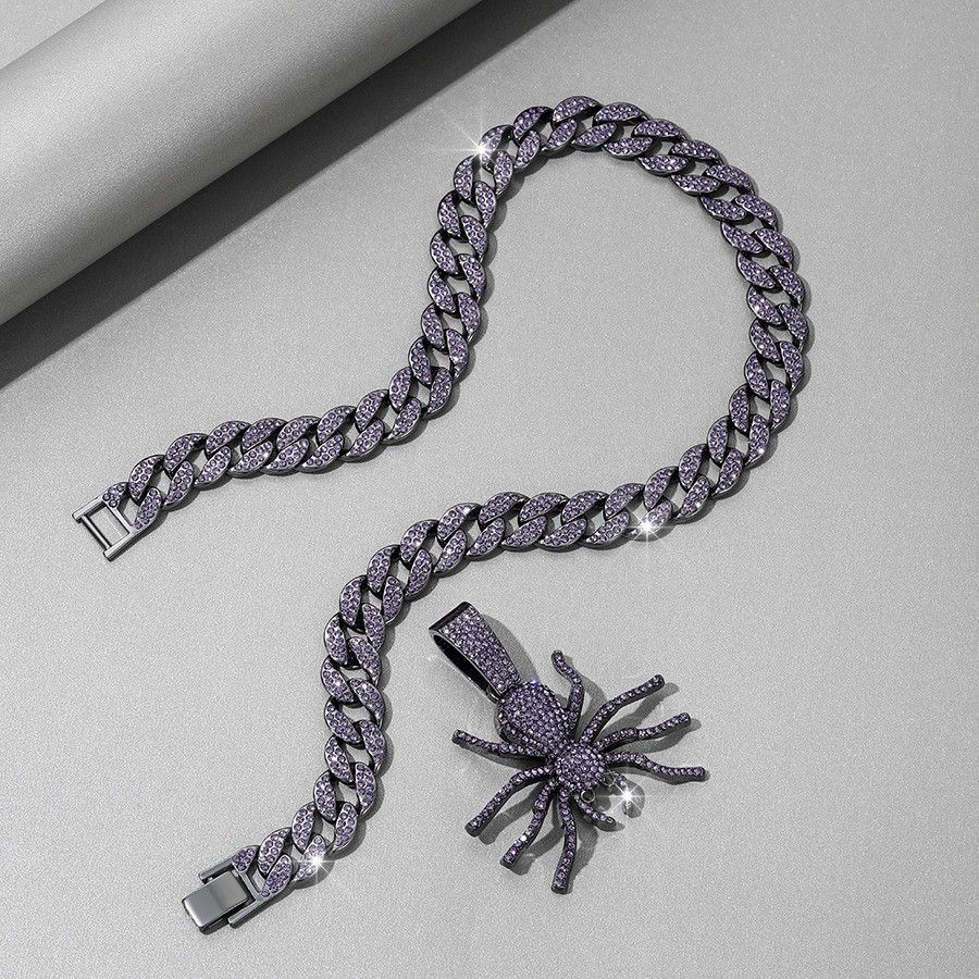 Creative Purple Rhinestone Spider Pendant, Fashionable Cuban Necklace, Niche Design, Personalized Rap Hip-hop Jewelry_ipsvogv.com