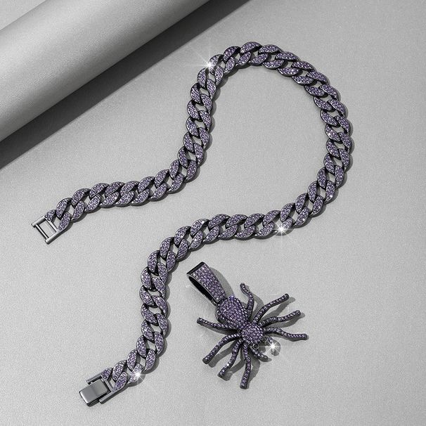 Creative Purple Rhinestone Spider Pendant, Fashionable Cuban Necklace, Niche Design, Personalized Rap Hip-hop Jewelry_ipsvogv.com