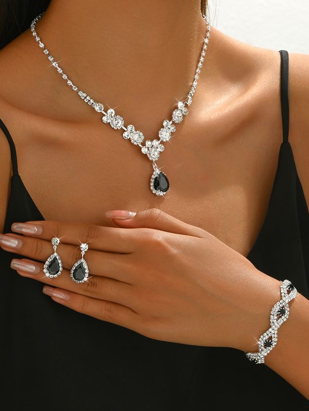 2024 Diamond Zircon Necklace Earrings Bracelet Set Water Drop Women's Fashion Bridal Jewelry_ipsvogv.com