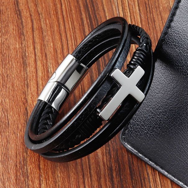 Stainless Steel Woven Bracelet Cross Genuine Leather Multi-layer Men's Jewelry L20158_ipsvogv.com