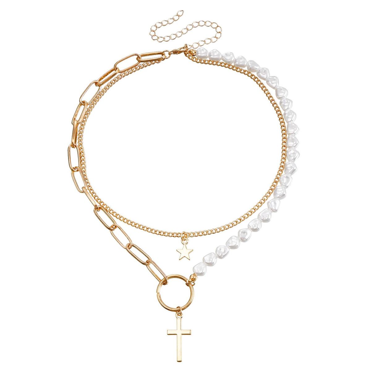 Vintage pearl patchwork star necklace for women Creative cross double layered collars_ipsvogv.com