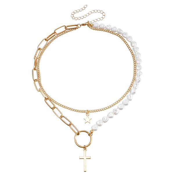 Vintage pearl patchwork star necklace for women Creative cross double layered collars_ipsvogv.com
