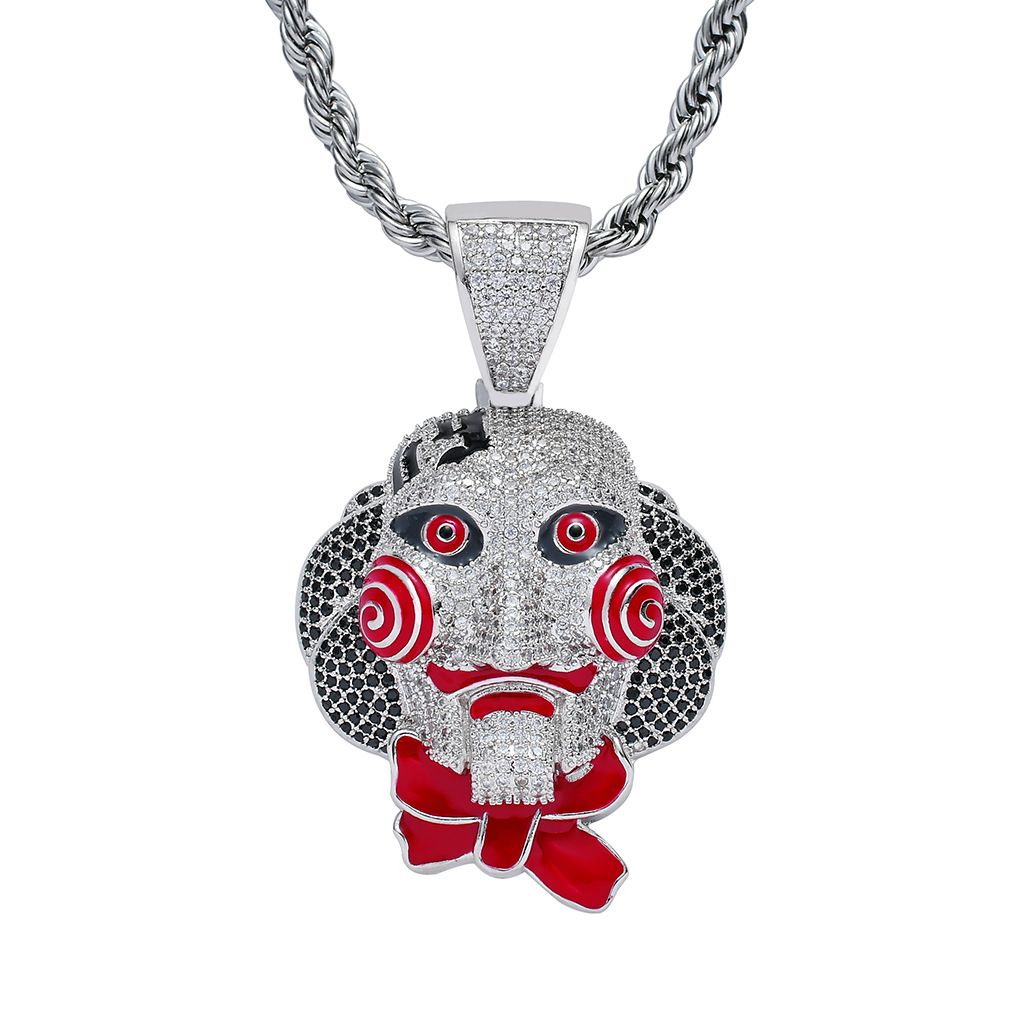 Unisex Necklace Hip Hop Chainsaw Mask Doll Pendant Personality Exaggerated Men's Full Zirconium Hip Hop Accessories_ipsvogv.com