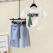 Women's Clothing fashion color matching embroidery short-sleeved T-shirt raw edge hip-wrapped A-line high waist denim skirt_ipsvogv.com