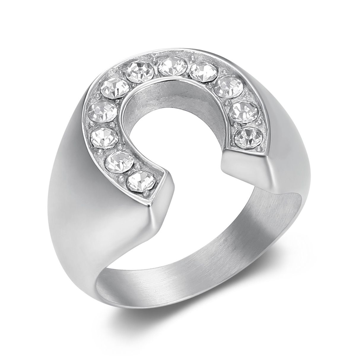 New Hip-Hop Fashion Simple Titanium Steel Gold-Plated Inlaid Diamond U-Shaped Horseshoe Men's Ring_ipsvogv.com