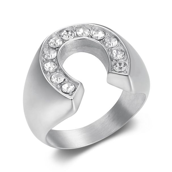 New Hip-Hop Fashion Simple Titanium Steel Gold-Plated Inlaid Diamond U-Shaped Horseshoe Men's Ring_ipsvogv.com