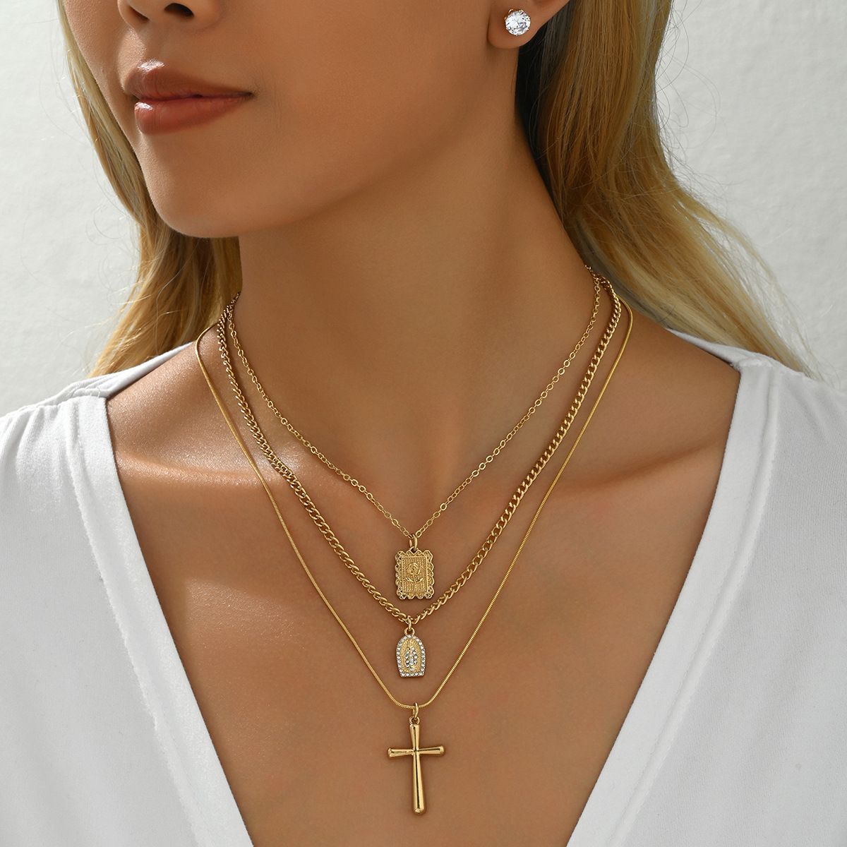 Personalized Cross Necklace & Earrings Set - Sterling Silver Multi-Layer Clavicle Chain, Comfort Fit Christian Jewelry Gift For Women_ipsvogv.com