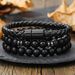 New Hip Hop Punk Beaded Men's Bracelet Set Stacking Black Agate Tiger Eye Stone Leather Magnetic Buckle Bracelet_ipsvogv.com