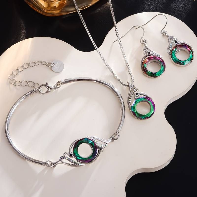 New colorful crystal peacock bracelet earrings Fashion creative colorful necklace bracelet set_ipsvogv.com