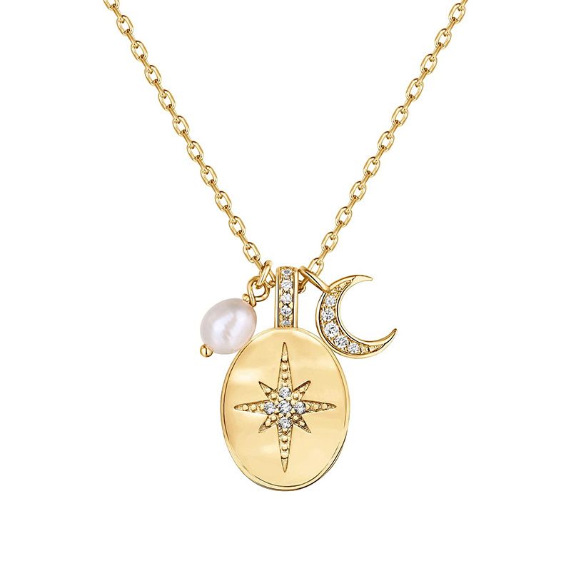 Fashion 14K Gold Necklace Baroque Pearl Star Moon Diamond Pendant Female_ipsvogv.com