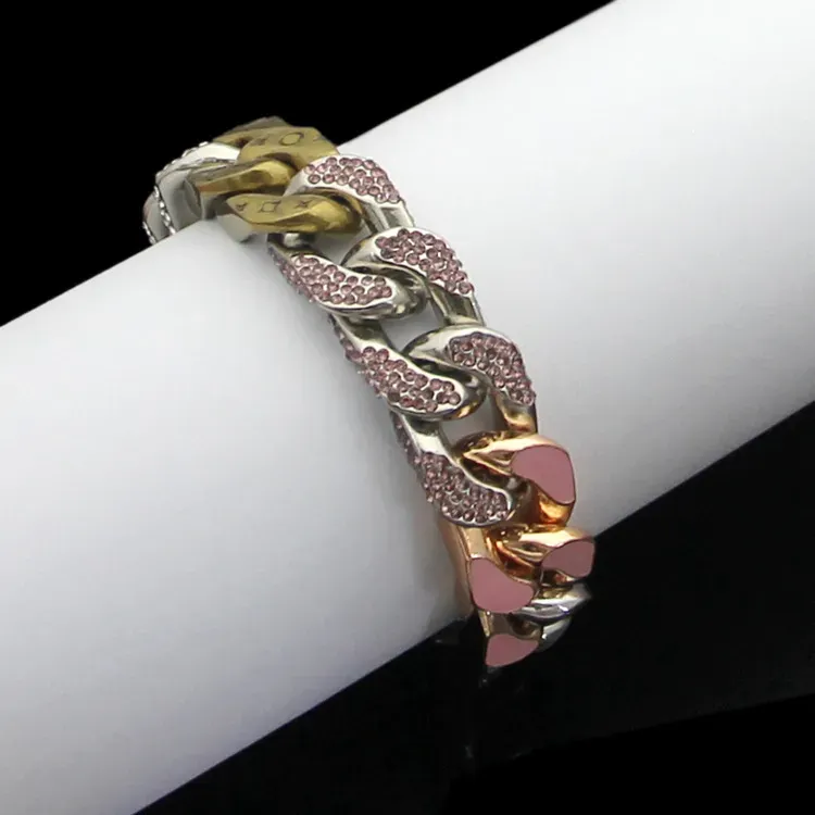 Stainless Steel Womens Iced Out Chain Bracelet Shine Crystal Diamond Pink Sier Cuban Link Miami Hip Hop Love Lovely_ipsvogv.com
