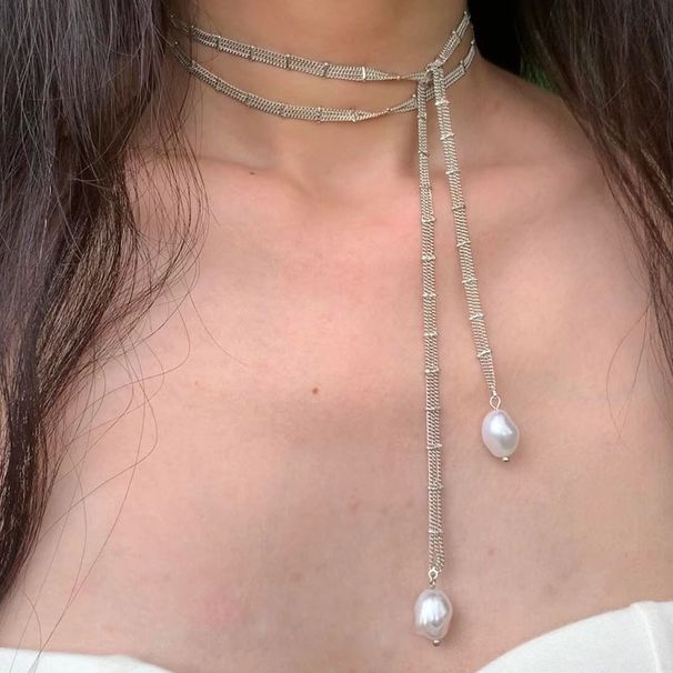 Silver White Lace Pearl Long Necklace Minimalist Style High-end Versatile Niche Design Simple Wrapped Clavicle Chain_ipsvogv.com