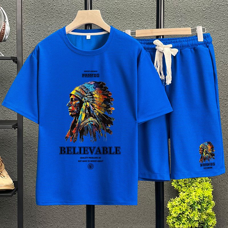 Men's Clothing waffle polo shirt short sleeved T shirt set summer loose clothes tops and pants suits for men_ipsvogv.com