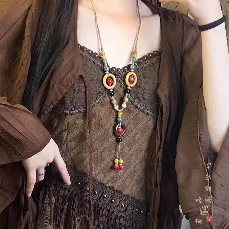 New Chinese Long Ceramic Bead Women's Ancient Zen Woven Necklace, Ethnic Style Versatile Collarbone Chain_ipsvogv.com