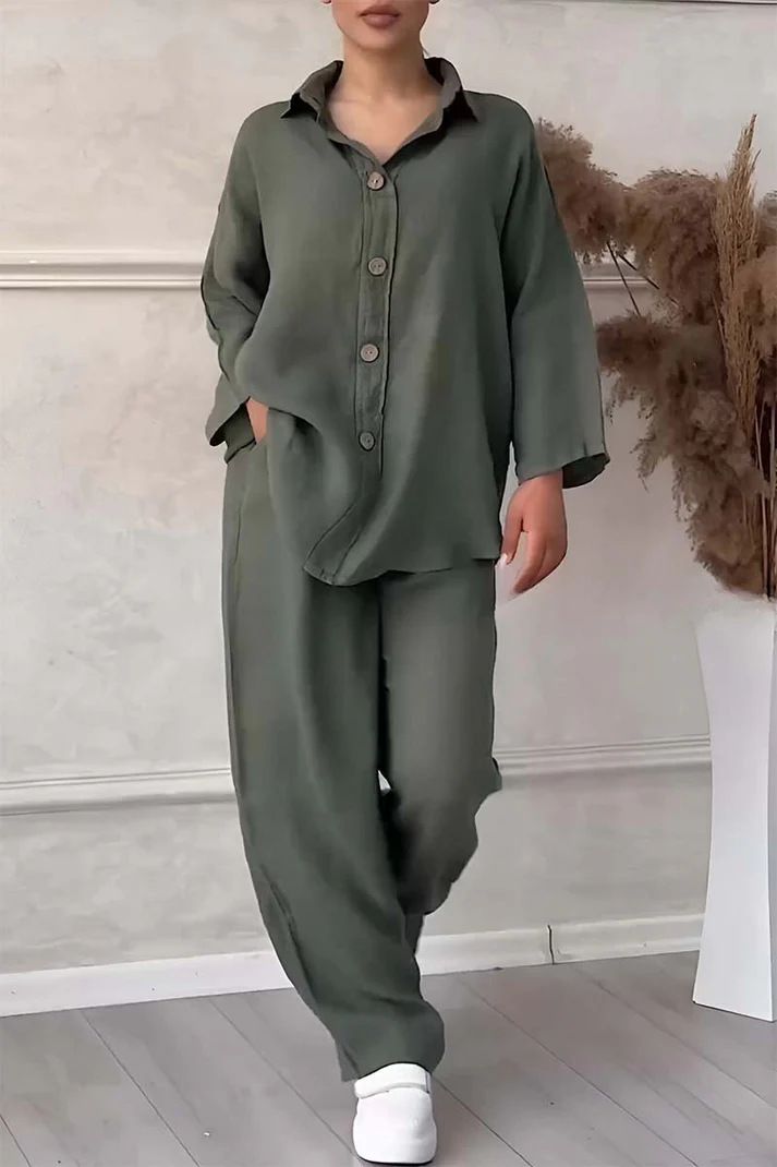 Women's Clothing 2 piece Set Large Size Cotton and Linen Shirt Set High Waist Loose Pants_ipsvogv.com