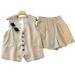 Women's Clothing Retro temperament V neck linen blended sleeveless vest vest high waist casual shorts _ipsvogv.com