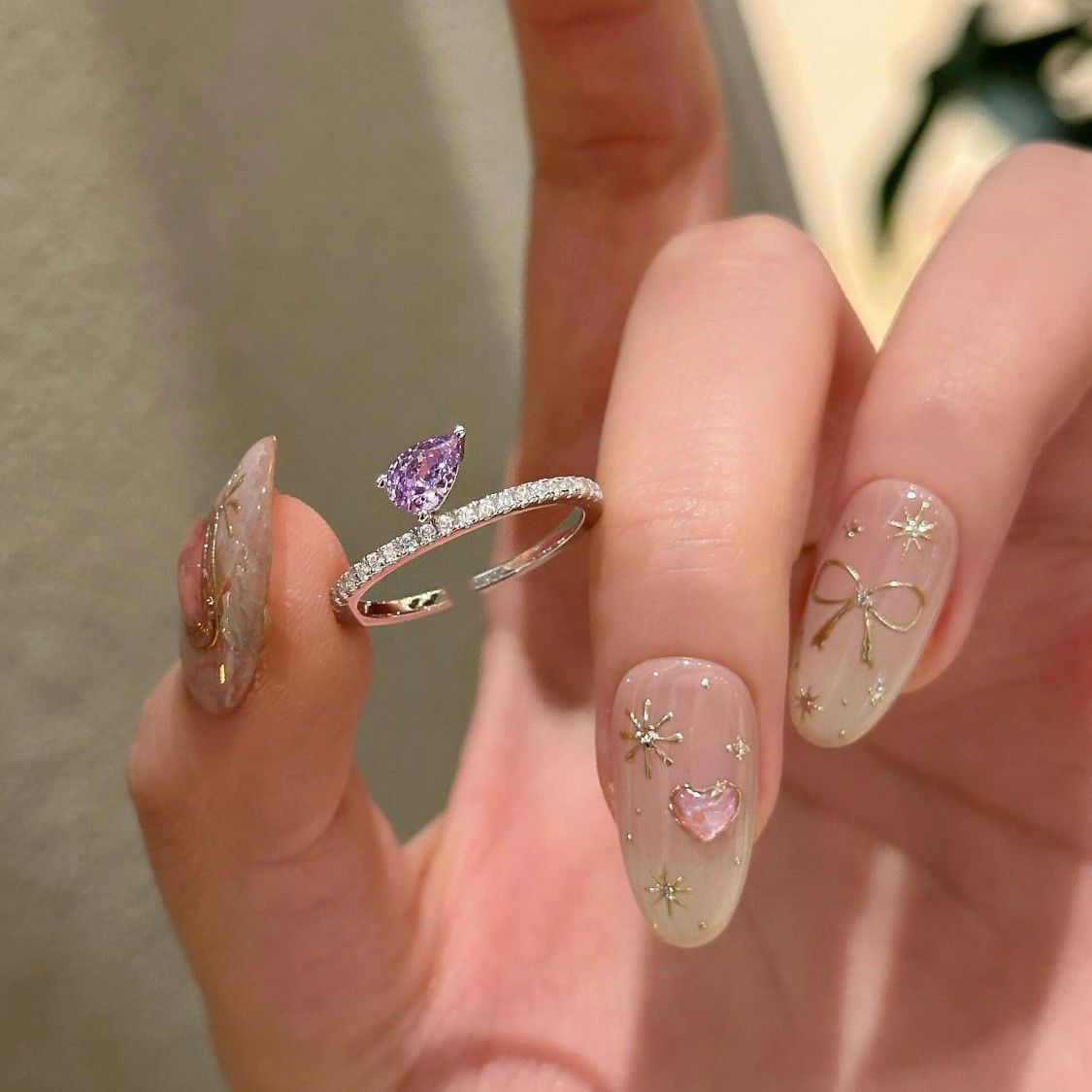 Water Windy Zircon Letter Purple Lilac Droplet Light Luxury Temperament High Grade Coolness Super Flash Open Ring_ipsvogv.com