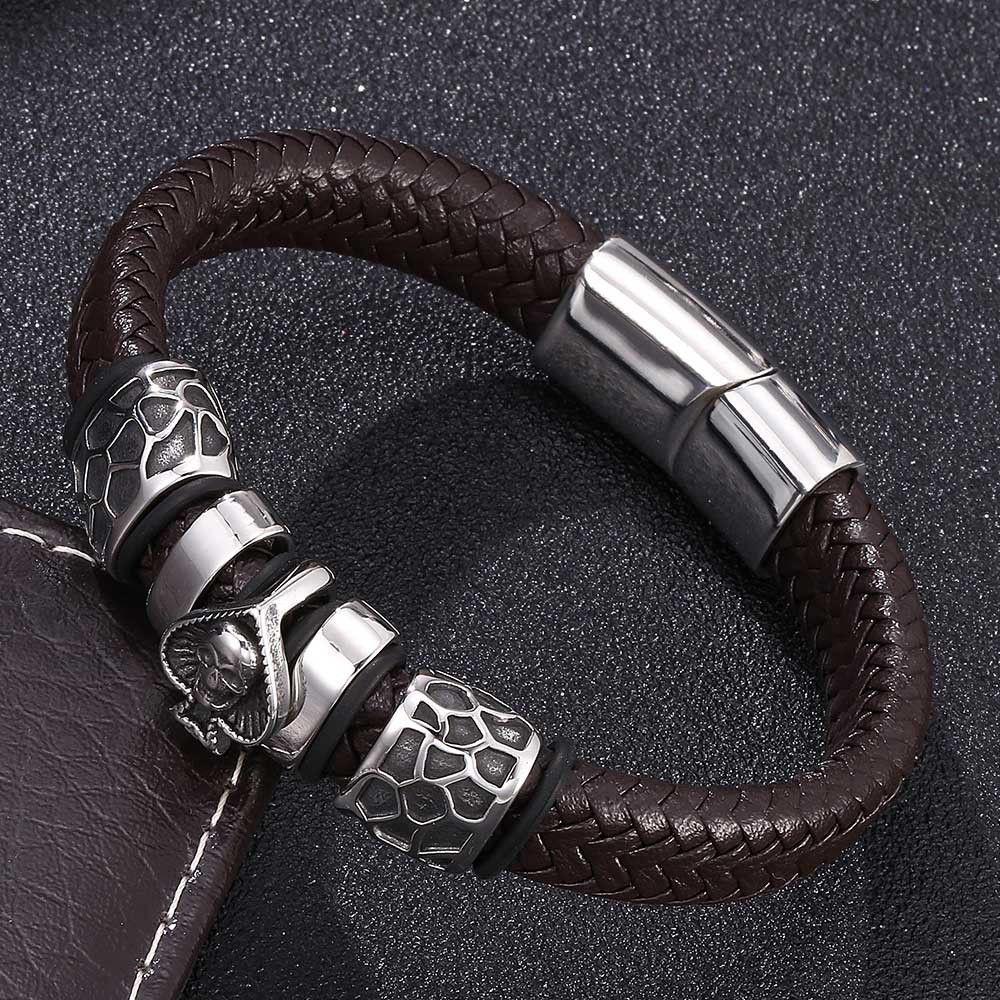 Punk Style Exquisite Peach Heart Skull Stainless Steel Charm Men's Leather Bracelet Straight_ipsvogv.com