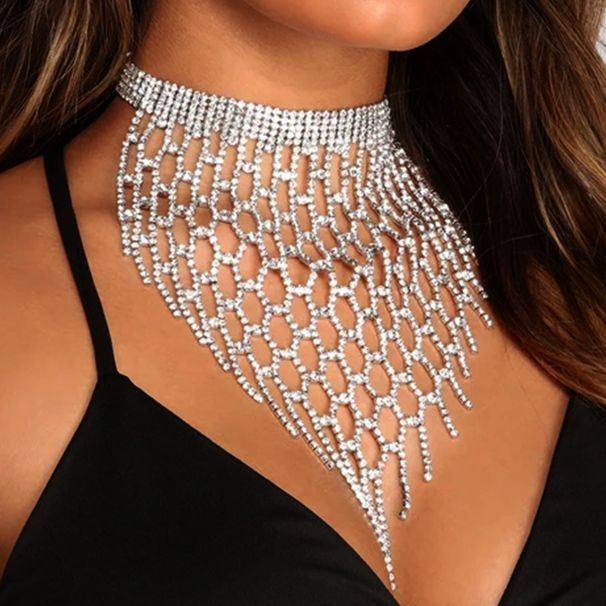 jewelry diamond mesh hollow long tassel neck chain multi-layer rhinestone chain necklace choker_ipsvogv.com