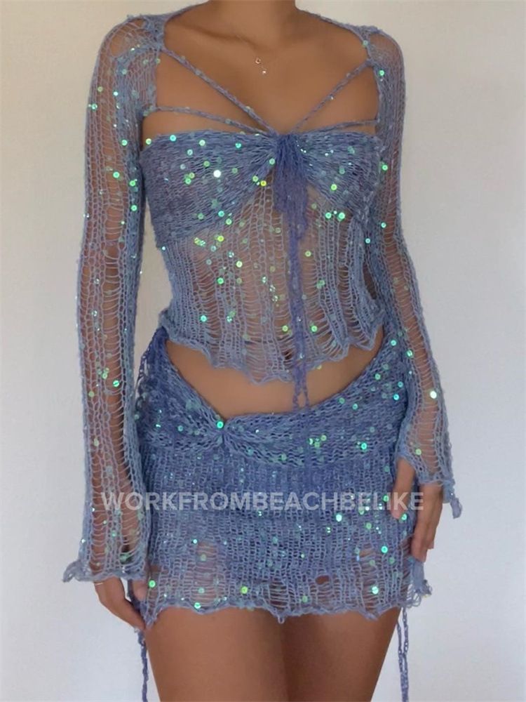 Women's Clothing fashion slim sexy long sleeved woolen short skirt exposed navel T shirt split short four piece set_ipsvogv.com