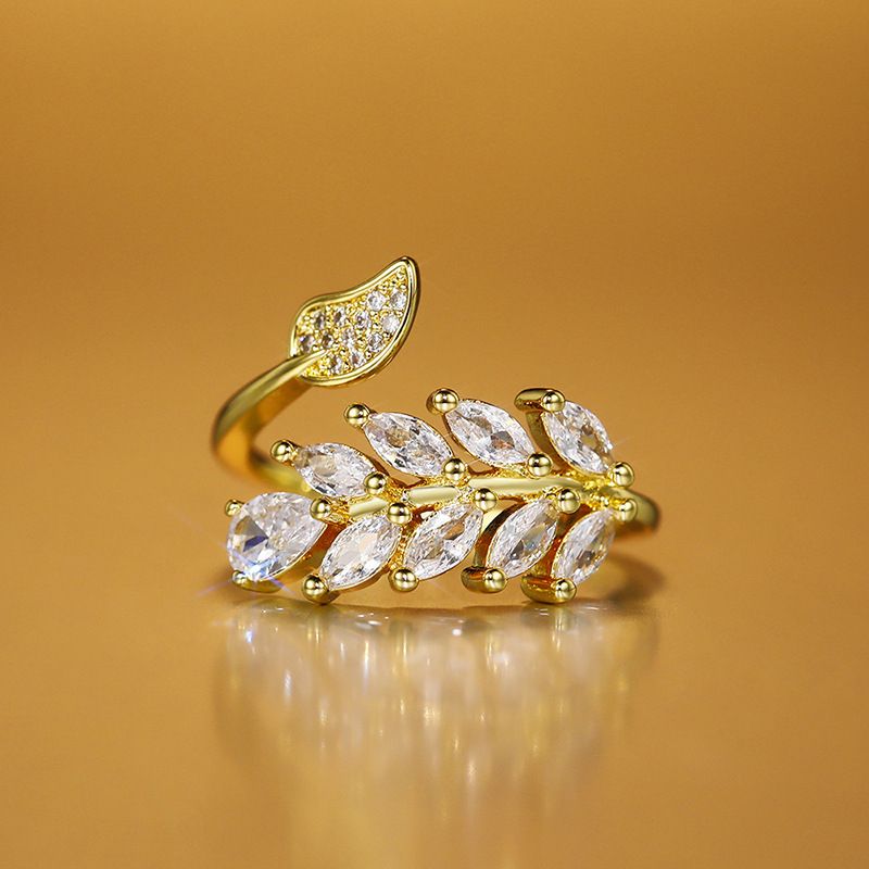 New Super Sparkling Zircon Leaf Ring, Female Personality, Atmosphere, and Adjustable Opening Ring_ipsvogv.com