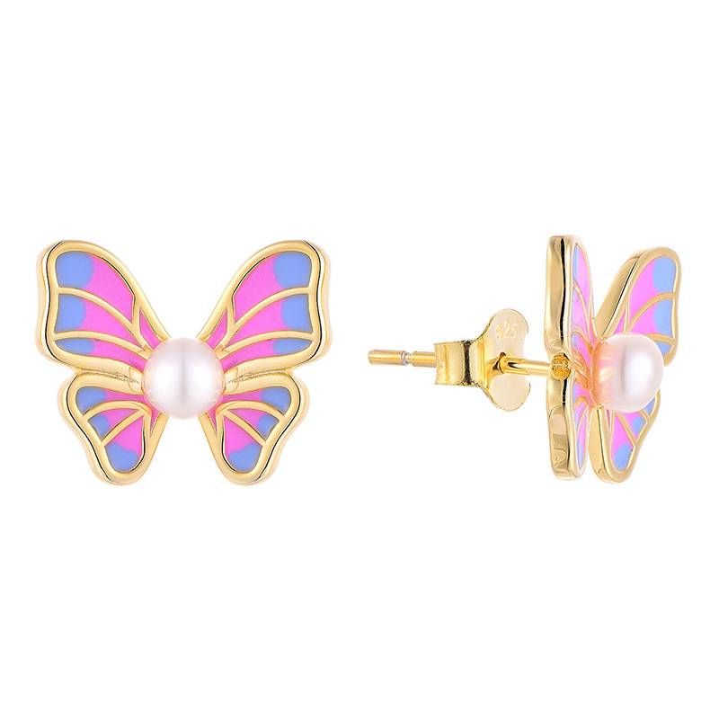 S925 sterling silver epoxy colored butterfly freshwater pearl earrings light luxury earrings _ipsvogv.com