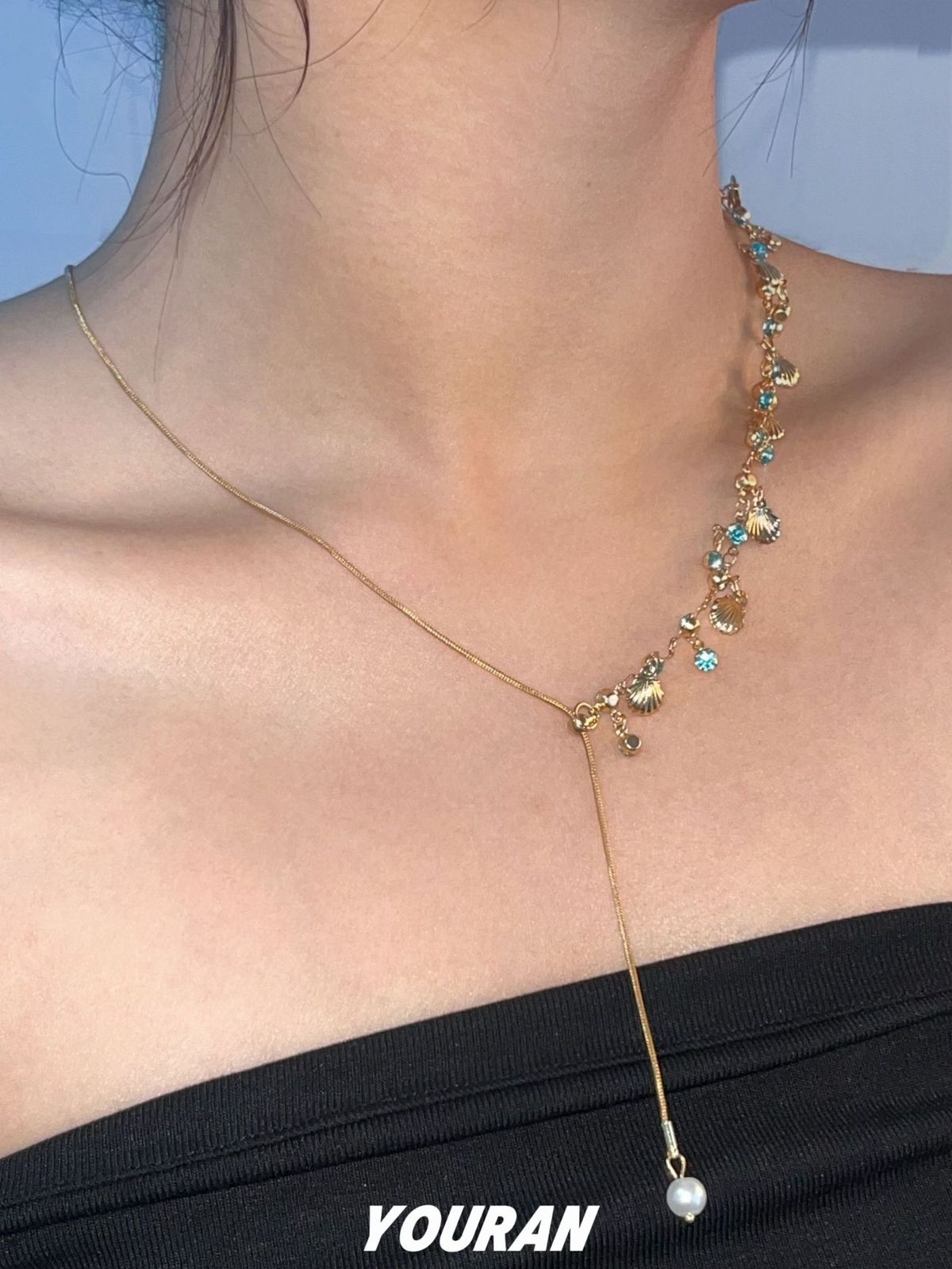 Sweet And Cool Style Blue Zirconium Shell Tassel Necklace For Summer Women, New Style, Niche Design, Exquisite Holiday Style, Stacking Jewelry_ipsvogv.com