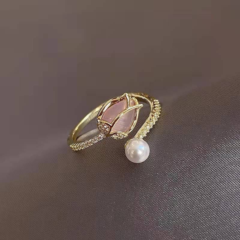 Tulip ring for women ins style new light luxury niche ring Korean retro inlaid pearl ring_ipsvogv.com